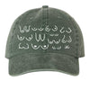 Olive green cotton dad hat with white embroidered designs on a white background