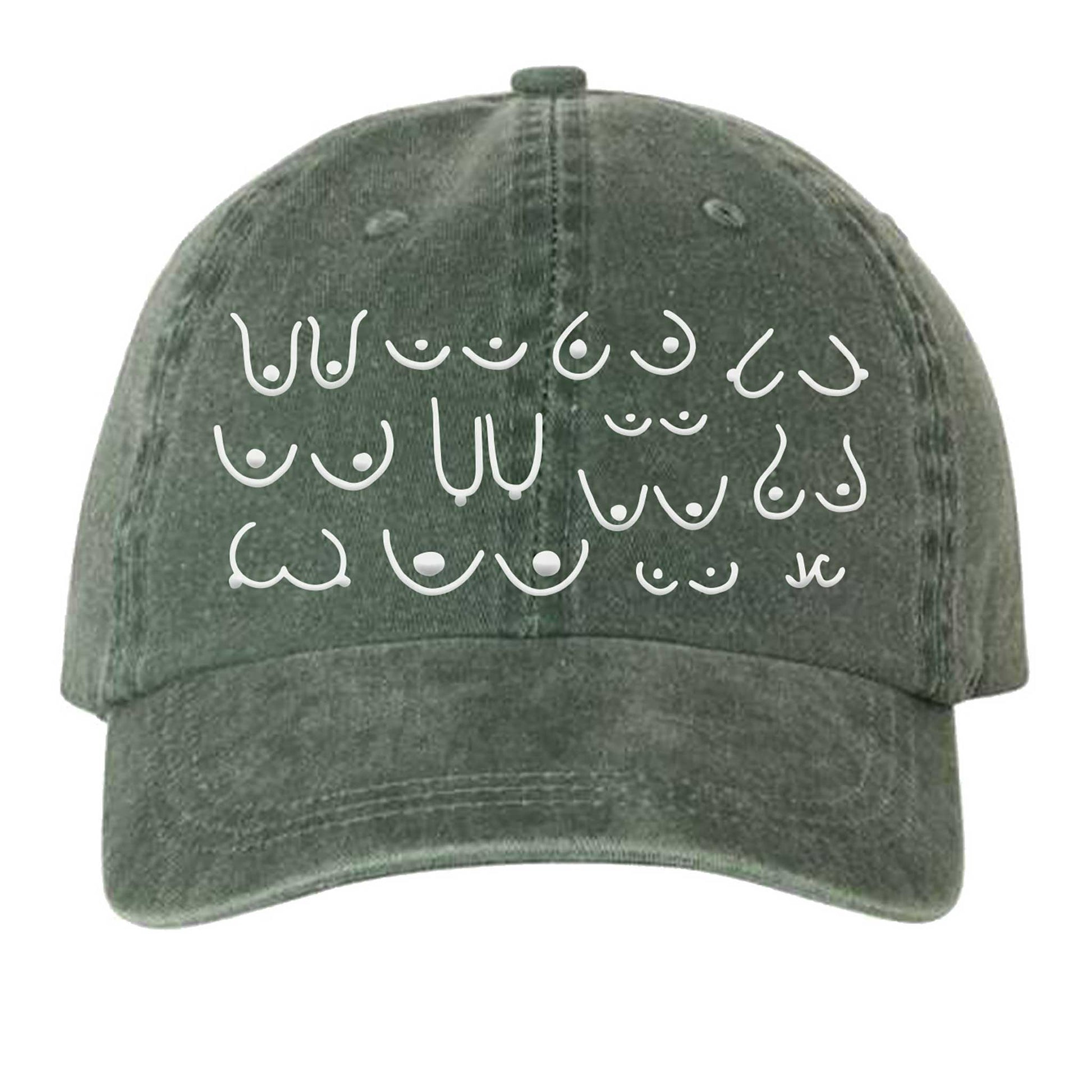 Olive green cotton dad hat with white embroidered designs on a white background
