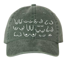 Load image into Gallery viewer, Olive green cotton dad hat with white embroidered designs on a white background

