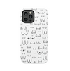 This image features the "Original Titty City Phone Case," which is designed with a playful and quirky pattern of hand-drawn, cartoon-style boobies in black on a white background. The case is made to order and compatible with several smartphone models including the iPhone 16, Samsung Galaxy S25, and Google Pixel 9, with an option to upgrade to a MagSafe case for both Apple and Samsung devices.